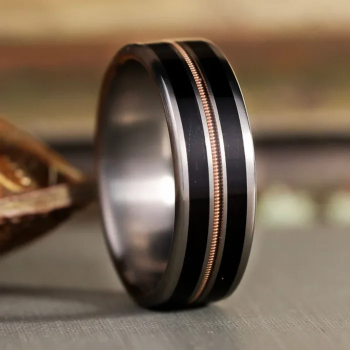 The Outlaw | Men’s Titanium Wedding Band with Guitar String & Rosewood