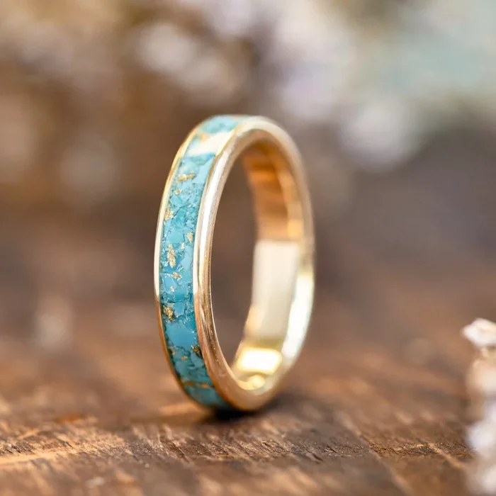 The Phoenix | Women’s Solid Gold & Turquoise Ring with Gold Flakes