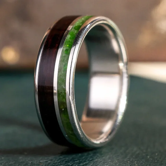 The Sage in Silver | Men’s Sterling Silver Wedding Band with Rosewood & Green Imperial Diopside