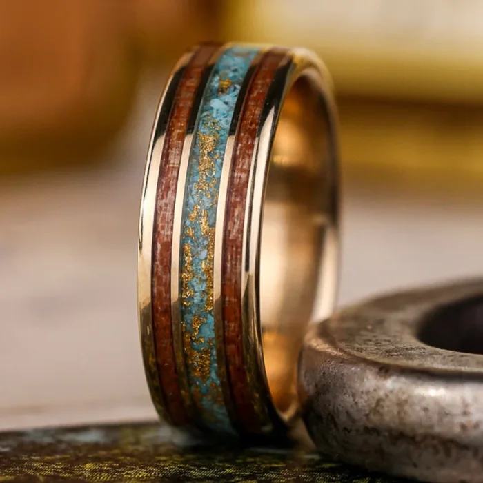 The Santa Fe | Men’s Gold Wedding Band with Turquoise, Gold Flakes & Black Cherry Wood