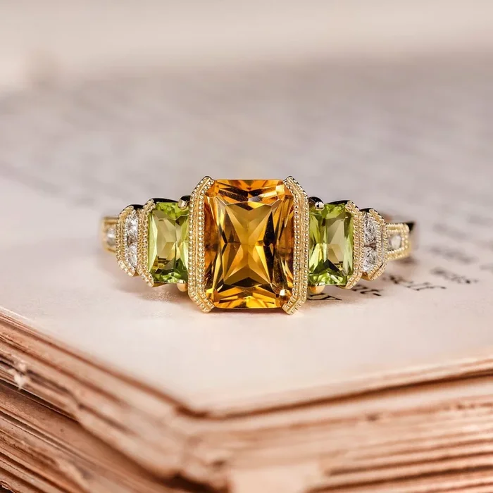 The Sierra – Vintage-Inspired Natural Citrine & Peridot Ring with Diamond Accents
