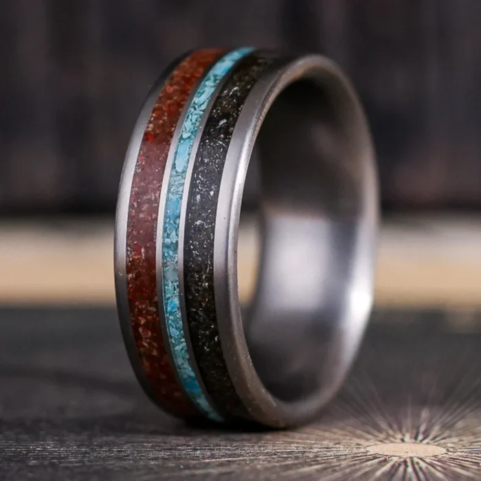 The Solstice | Men’s Titanium Wedding Band with Dinosaur Bone, Meteorite & Natural Turquoise