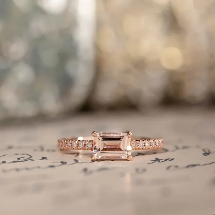 The Sophie – East West Emerald-Cut Morganite 14k Rose Gold Engagement Ring with Diamond Pavé Setting