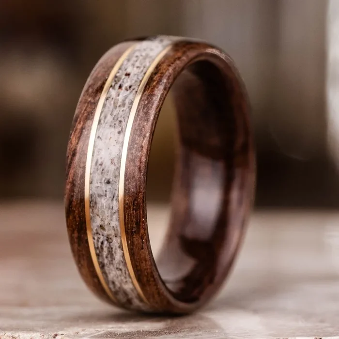 The Stag | Men’s Antique Walnut Wood & Elk Antler Wedding Band with Dual Metal Inlays