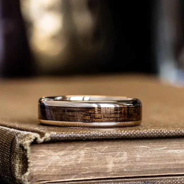 The USS New Jersey in Gold | Men’s Gold Wedding Band with Battleship Teak Wood Inlay