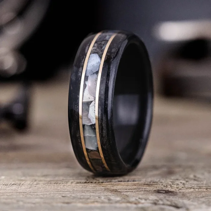 The Whiskey Tide | Men’s Weathered Whiskey Barrel Wood Wedding Band with Black Mother of Pearl & Dual Metal Inlays