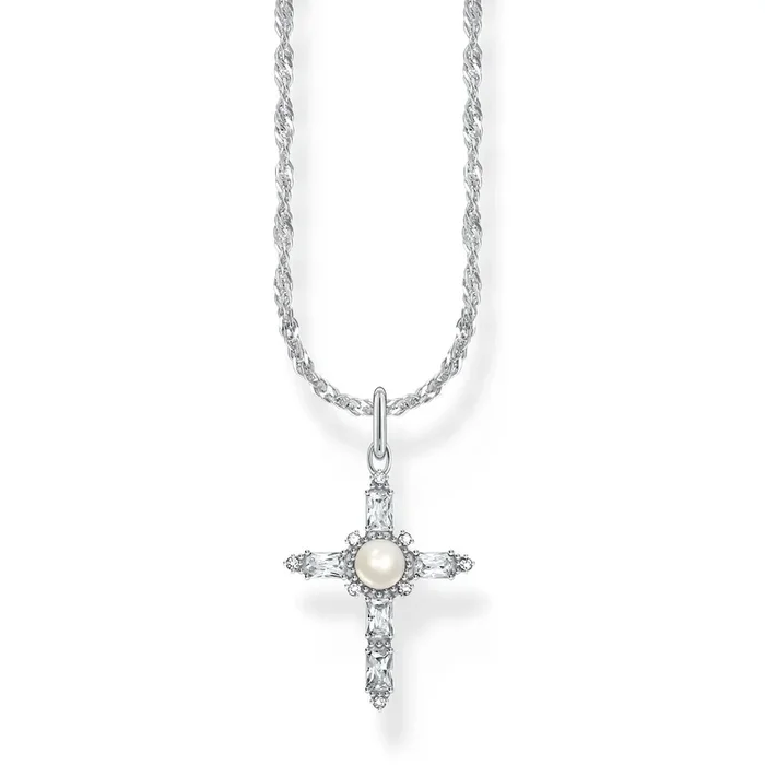 Thomas Sabo Sterling Silver True Romance Cubic Zirconia Pearl Cross Pendant On 40+45cm Chain