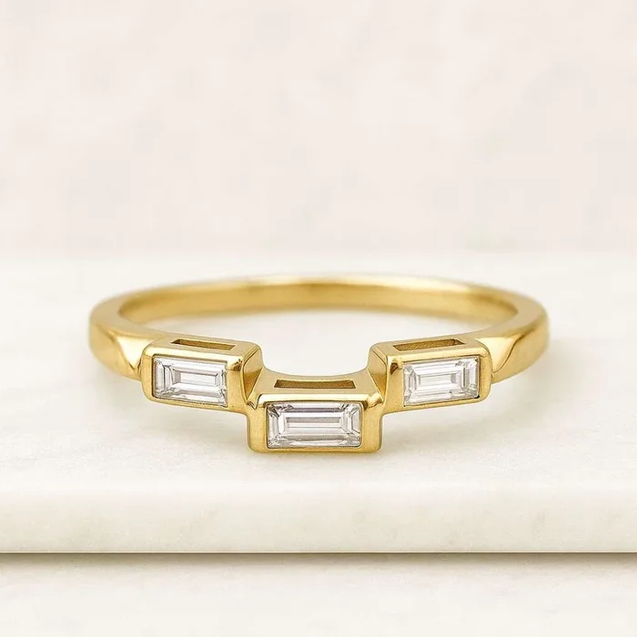 Three Baguette Diamond Bezel Set Ring For Her