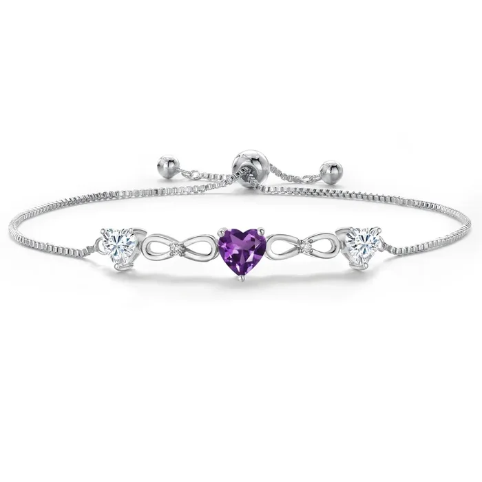 Three Stone Gemstone Birthstone and White Moissanite Tennis Bracelet For Women | Heart Shape 6MM and 5MM | Fully Adjustable Up to 9 Inch