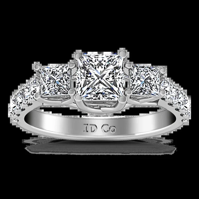 Three Stone Princess Cut Diamond Engagement Ring Enchantment Lattice 14K White Gold