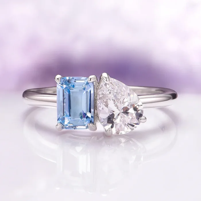Toi Et Moi Aquamarine and Simulated Diamond Ring- 925 Sterling Silver