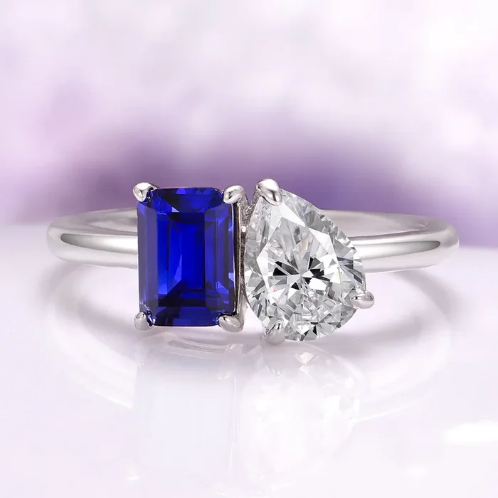 Toi Et Moi Blue Sapphire and Moissanite Engagement Ring in 14K White Gold
