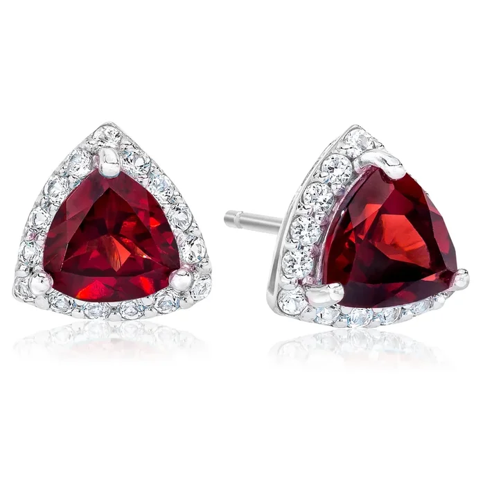 Trillion Shaped Garnet & White Topaz Halo Earrings set in 925 Silver