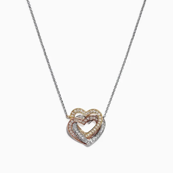 Trio 14K Tri Color Gold Diamond Heart Necklace, 0.40 TCW
