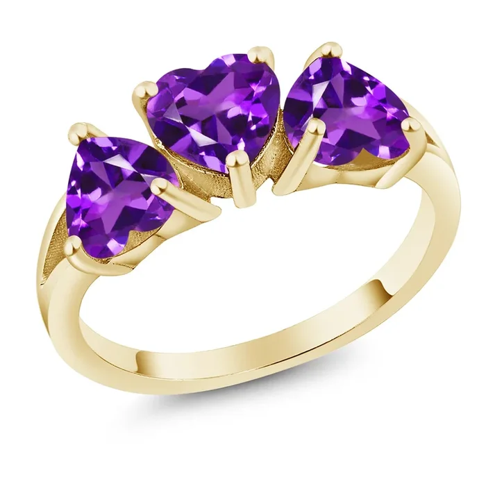 Triple Heart 6MM Gemstone Birthstone Engagement Ring in 18K Yellow Gold Plated Silver | Elegant 3-Stone Design for Women | Wedding Anniversary Promise Ring | Sizes 5, 6, 7, 8, 9