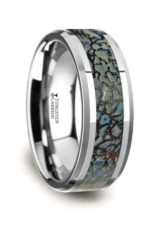 Tungsten Carbide ‘Devonian’ 8mm Blue Dinosaur Bone Inlaid Wedding Band