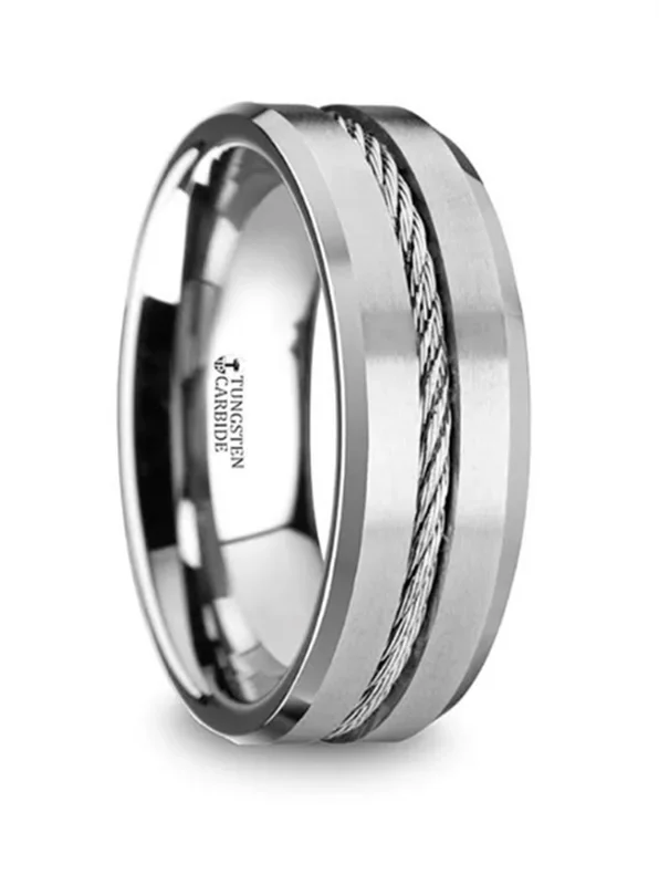 Tungsten ‘Lannister’ 8mm Steel Wire Cable Inlay Flat Wedding Band