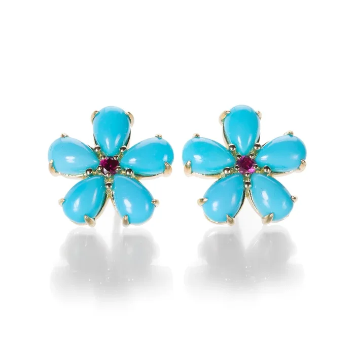 Turquoise and Ruby Petal Stud Earrings