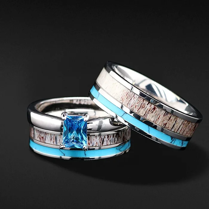 Turquoise Antler Harmony – 3 PCs Engagement Ring Band Set | Deer Antler & Turquoise Ring for Women | Stainless Steel Wedding Bands