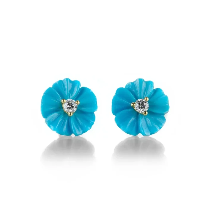Turquoise Flower Stud Earrings with Diamonds