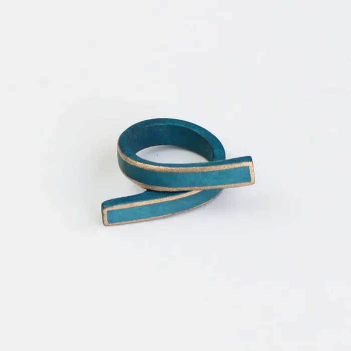 Turquoise Swirl Wooden Ring with Gold Trim