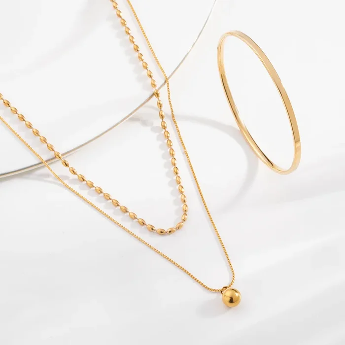 Two-Layered Bead Necklace & Flat Wire Bangle Bracelet Combo Set