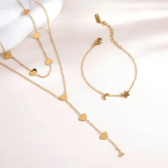 Two-Layered Heart Charm Necklace & Star Moon Bracelet Combo Set