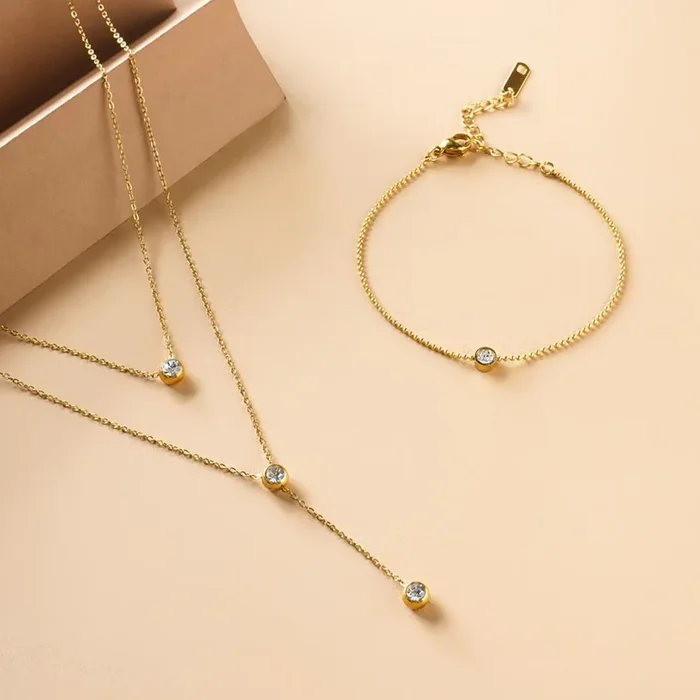 Two Layered Solitaire Drop Necklace & Solitary Spark Bracelet Combo Set