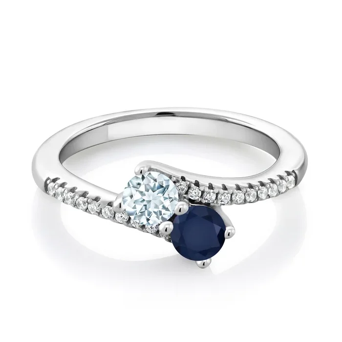 Two-Stone Bypass Ring for Women in 925 Sterling Silver | 4MM Round Gemstone Birthstone and Aquamarine | Crossover Anniversary Engagement Wedding Promise Ring | Sizes 5, 6, 7, 8, 9