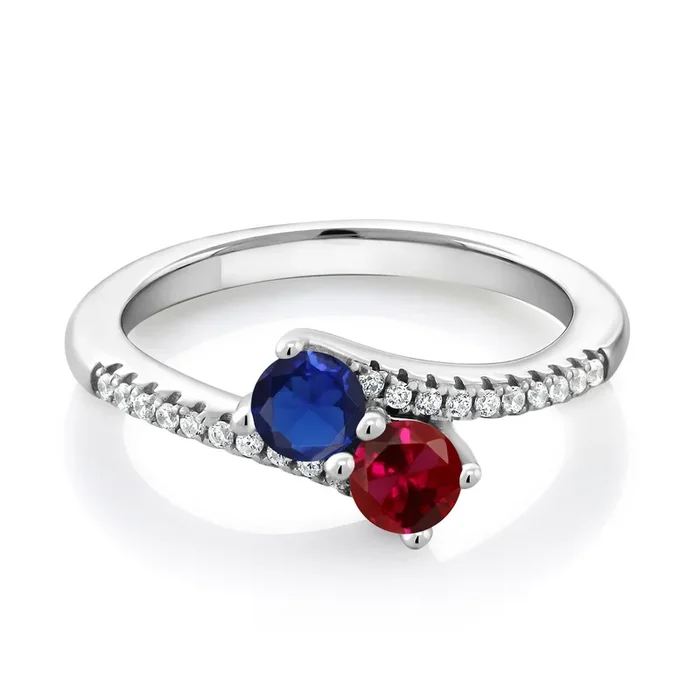 Two-Stone Bypass Ring for Women in 925 Sterling Silver | 4MM Round Gemstone Birthstone and Blue Created Sapphire | Crossover Anniversary Engagement Wedding Promise Ring | Sizes 5-9