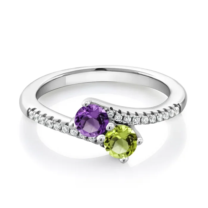 Two-Stone Bypass Ring for Women in 925 Sterling Silver | 4MM Round Gemstone Birthstone and Purple Amethyst | Crossover Anniversary Engagement Wedding Promise Ring | Sizes 5, 6, 7, 8, 9