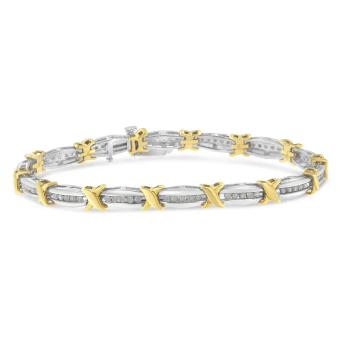 Two-Tone 10K Yellow Gold over .925 Sterling Silver 1.0 Cttw Diamond Channel Set Tapered & X-Link 7″ Tennis Bracelet (H-I Color, I2-I3 Clarity)