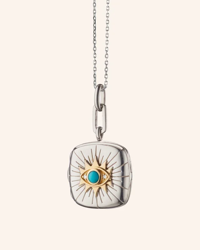 Two Tone “Protect” Evil Eye Locket Necklace with Turquoise and White Sapphire