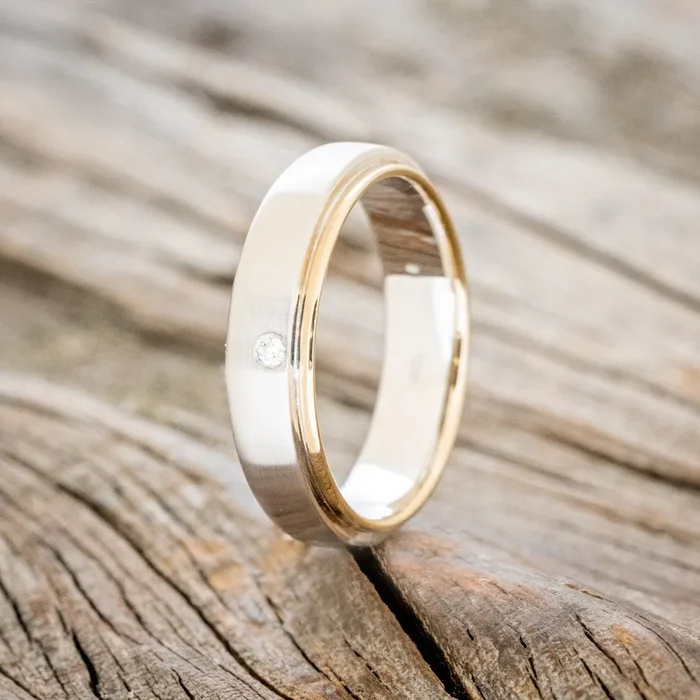 TWO TONE FLAT EDGE MEN’S ENGAGEMENT RING WITH A DIAMOND ACCENT AND A BRUSHED FINISH