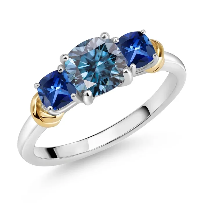 Two-Tone Gemstone Birthstone and Blue Created Sapphire 3-Stone Engagement Ring for Women | 925 Silver and 10K Yellow Gold | Cushion Cut 6MM and 4MM | Fine Jewelry for Wedding Anniversary | Sizes 5-9