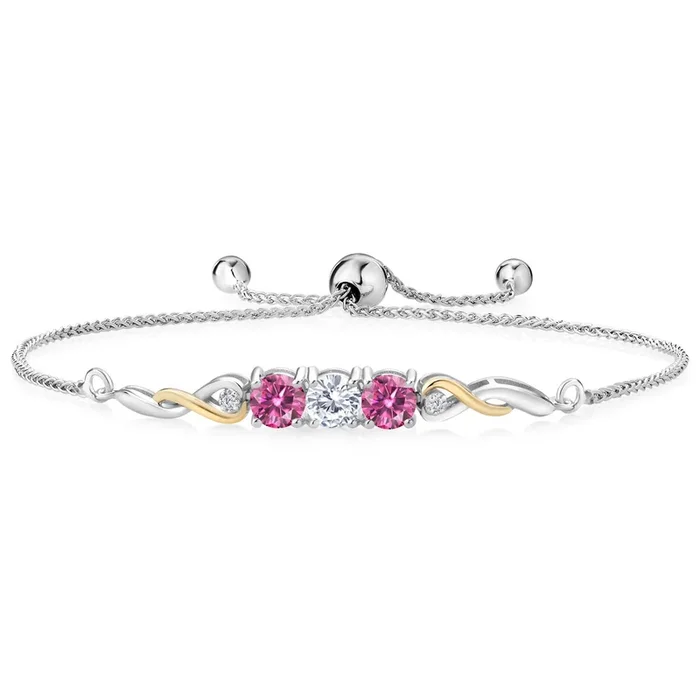 Two-Tone Gemstone Birthstone and Pink Moissanite and Accent Lab Grown Diamond Infinity Tennis Bracelet For Women In 925 Silver and 10K Yellow Gold | Round 5MM and 1.3MM | Fully Adjustable Up to 9 Inch