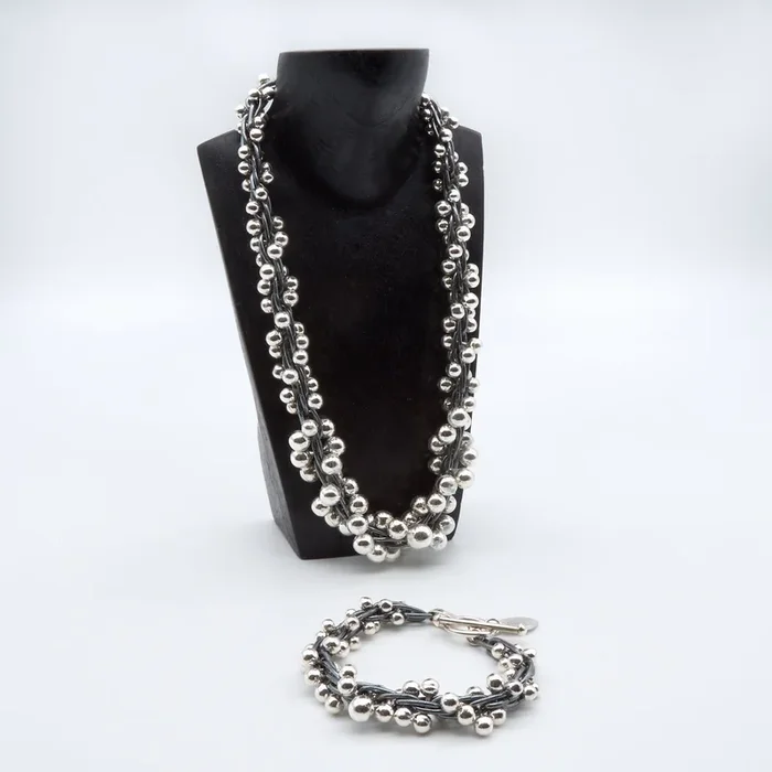 Two Tone Graduated Set of Sterling Silver Necklace and Bracelet
