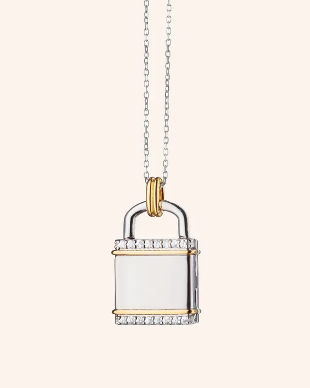 Two-Tone Square “Lock” Inspired Locket with White Sapphires