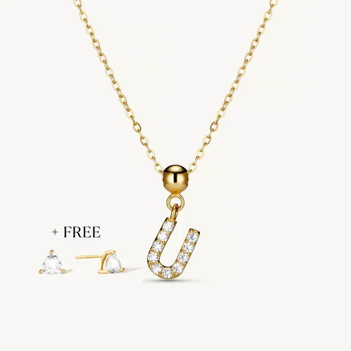 U Diamond Initial Charm Necklace + FREE Diamond Trio Studs Gold