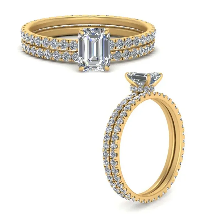 Under Halo Emerald Cut Eternity Wedding Set