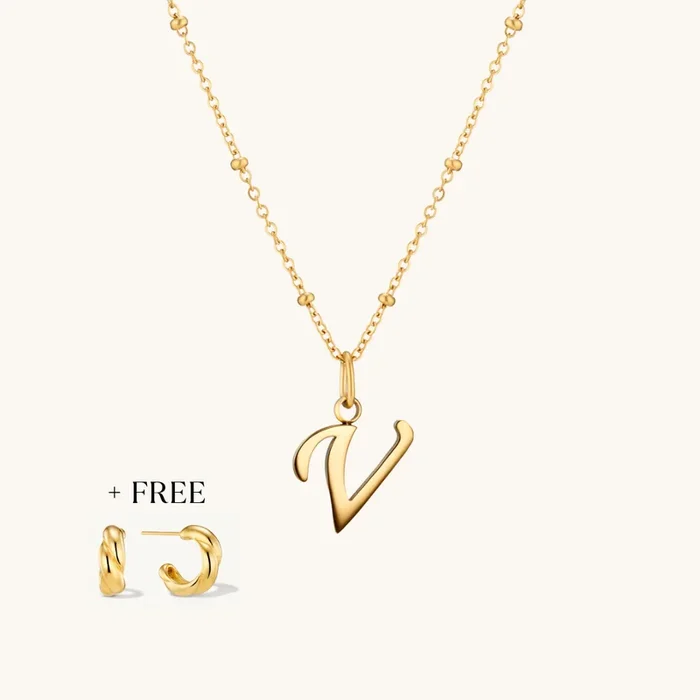 V Script Initial Necklace + FREE Allure Hoops Gold