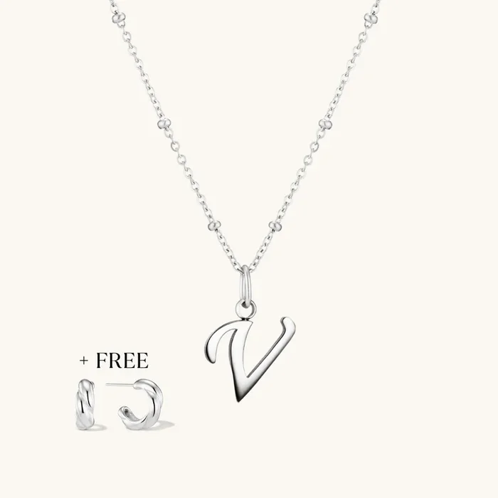 V Script Initial Necklace + FREE Allure Hoops Silver