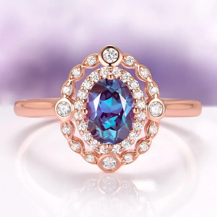 Valentina Art Deco Alexandrite Engagement Ring in 14K Solid Rose Gold