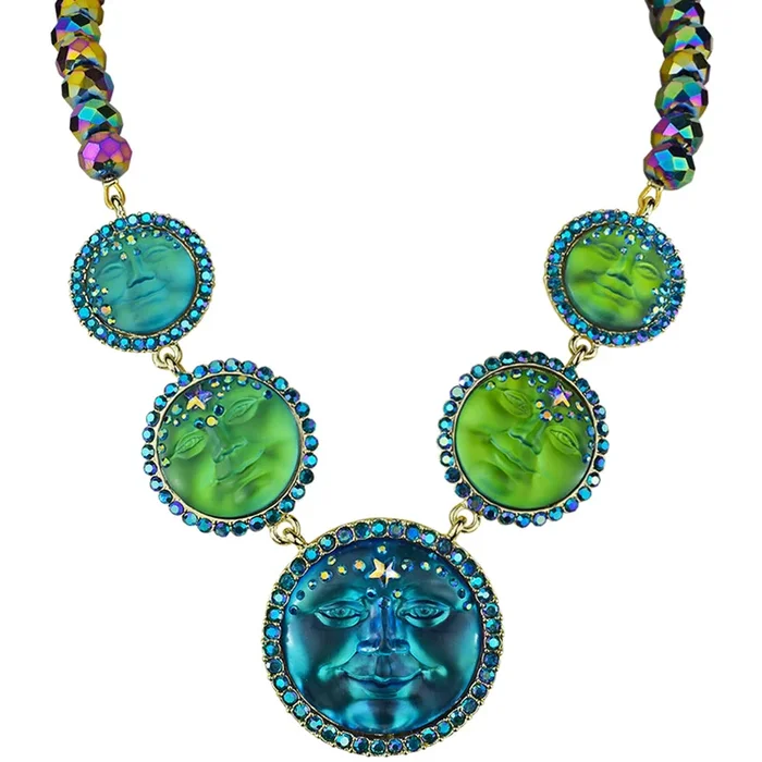 Venus Mystic Seaview Moon 5 Stone Necklace (Goldtone/Mystic Green Sphinx)