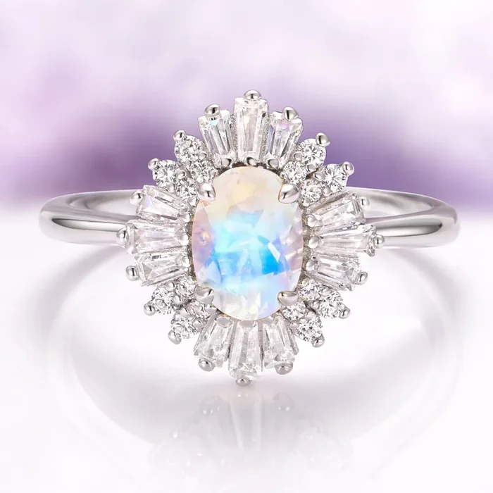 Victoria Art Deco Moonstone Engagement Ring in 14K White Gold