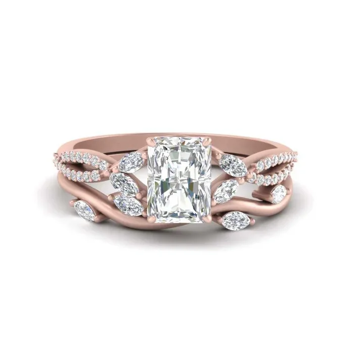 Vine Accented Radiant Diamond Ring Set