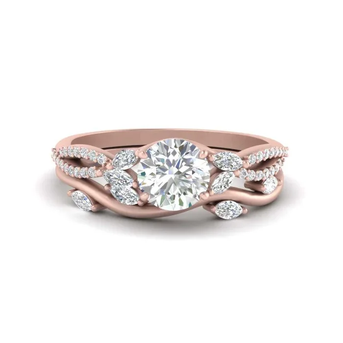 Vine Accented Round Diamond Ring Set