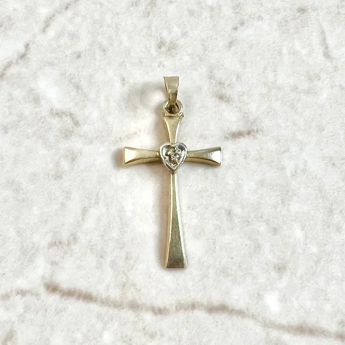 Vintage 14 Karat Two-Tone Diamond Heart Cross Pendant