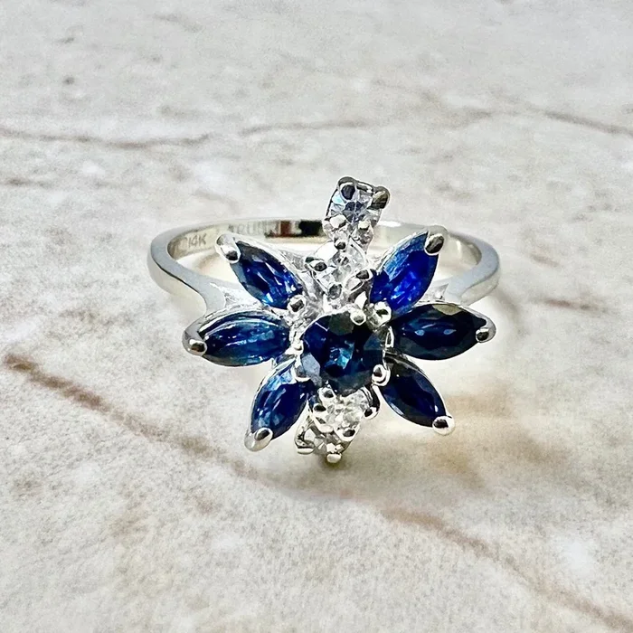 Vintage 14 Karat White Gold Floral Sapphire & Diamond Cocktail Ring