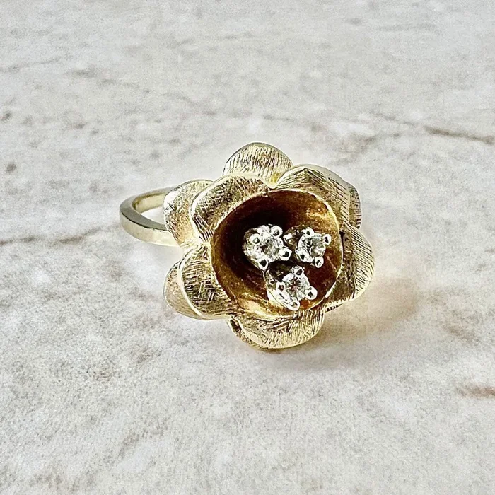 Vintage 14 Karat Yellow Gold Diamond Flower Cocktail Ring